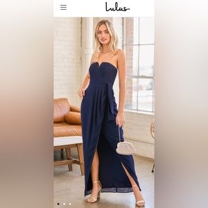 Lulu Easy Elegance Navy Blue Pleated Strapless Maxi Dress